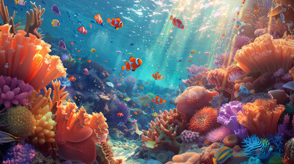 Wall Mural - Vibrant underwater scene showcasing a coral reef teeming with fish and anemones bathed in sunbeams