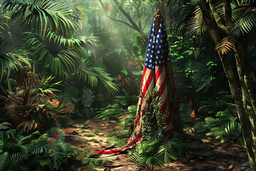 Wall Mural - american flag praying soldier silhouette, lush rainforest background, memorial day wild theme.