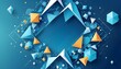 © AmirsCraft - Abstract blue background frame containing various geometric shapes. Triangles, hexagons, kites, dots, particles, and molecular structures. Poster for product display.