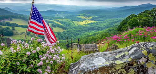 Wall Mural - overlooked valley provides sweeping views at a veteran's grave with a memorial day flag and blooms.