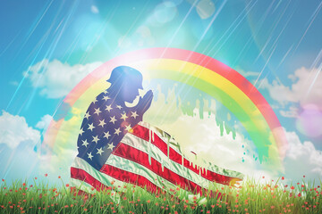 Wall Mural - memorial day hope depicted through an american flag shaped as a praying soldier with a rainbow.