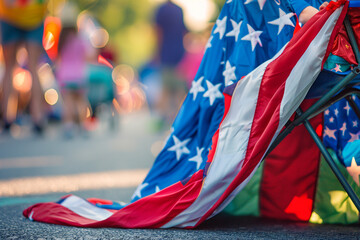 Wall Mural - memorial day parade chair draped with a whimsical superhero cape in american flag colors.