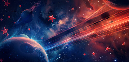 memorial day banner set in outer space, featuring alien planet stars and space warp stripes.