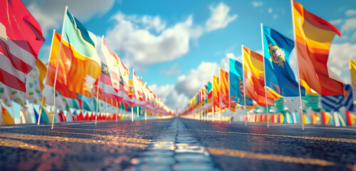 Wall Mural - flags gradually diminish in size along the parade route, drawing the eye into the scene.