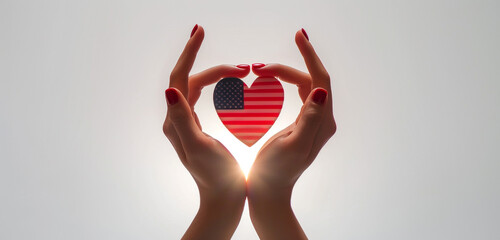 Wall Mural - female hands in a heart gesture with a vibrant us flag, pure white backdrop.