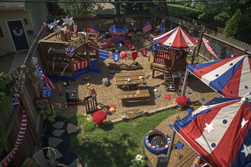 Wall Mural - patriotic-themed outdoor play area decorated for memorial day, seen from an overhead perspective.