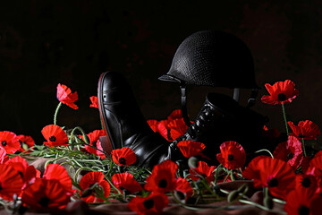 Wall Mural - black silhouette of military boots and helmet surrounded by red poppies, memorial day art.