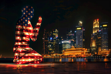 Wall Mural - american flag formed as a praying soldier against a modern city skyline at night, memorial day theme