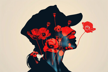 Wall Mural - red poppies and a soldier's cap in vector silhouette, suited for memorial day designs.