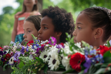 Wall Mural - memorial day ceremony with children laying wreaths, solemn side-angle shot.