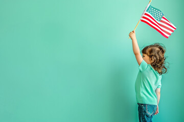 Wall Mural - memorial day theme with a child waving the american flag, mint green background.