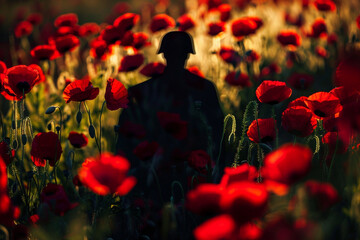 Wall Mural - silhouette of a soldier's shadow cast among red poppies for a poignant memorial day tribute.