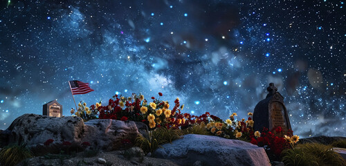 Wall Mural - night sky with stars above a memorial day flag and flowers at a veteran's grave, creating a celestia