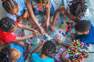 Wall Mural - focused overhead perspective of mixed-race children making memorial day crafts.