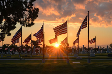 Wall Mural - los angeles national cemetery flags at dawn for memorial day, evoking a serene tribute.
