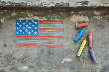 Wall Mural - child's chalk drawing of an american flag on a sidewalk, creating a minimalist memorial day image.
