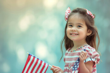 Wall Mural - little girl smiling with an american flag in a sunlit park, creating a joyful memorial day scene wit