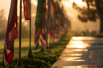 Wall Mural - morning dew on flags at los angeles national cemetery, offering a poignant and heartfelt memorial da