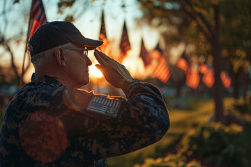 Wall Mural - navy veteran in a reflective mood saluting as flags fly at half-mast, memorial day.
