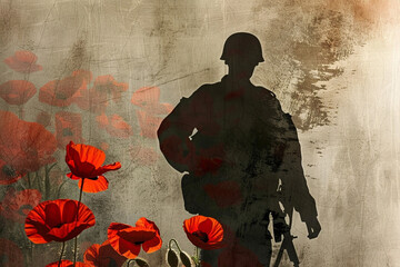 Wall Mural - veterans day graphic with a soldier's shadow and red poppies overlay, symbolizing remembrance and sa
