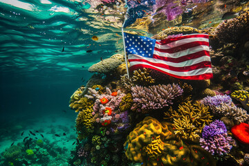 Wall Mural - memorial day marine scene: american flag in praying soldier form with colorful coral reefs.