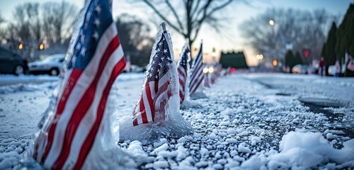 Wall Mural - ice-covered flags at a veterans day parade, emphasizing resilience and fortitude.