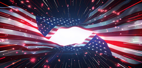 Wall Mural - patriotic digital lines blending into central white space, ultrawide banner.