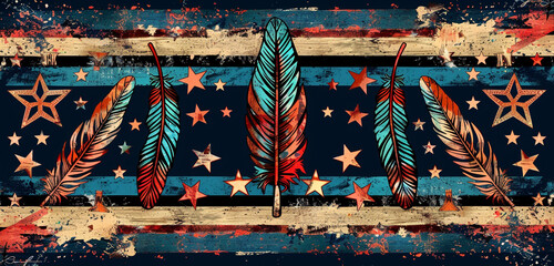 Wall Mural - tribal patterns of stars and feather stripes for a native american memorial day banner.
