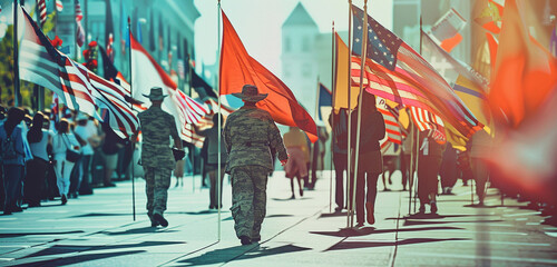 Wall Mural - modern veterans day parade with a retro filter, giving the flags a classic feel.