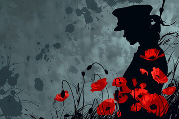 Wall Mural - memorial day visuals with stylized soldier silhouette and red poppies.