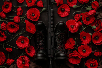 Wall Mural - memorial day red poppies surrounding a soldier's rifle and boots silhouette.
