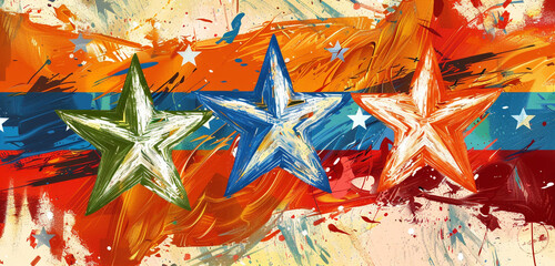 Wall Mural - abstract painting stars and brushstroke stripes for an art gallery memorial day banner.