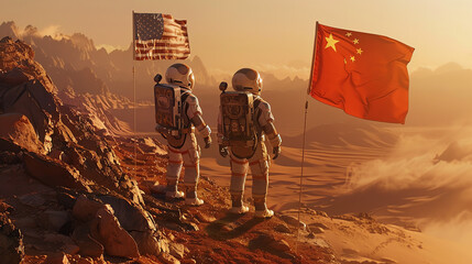 astronauts from the united states and china stand together on a martian landscape at sunset, symboli