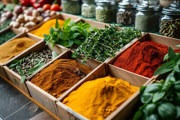 Colorful assortment of spices in wooden trays at a local market in the afternoon