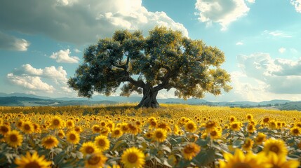 Ancient olive tree in the center of a sunflower field, golden light hour, blue sky full of cotton clouds, simple, AI Generative