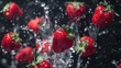 © Alisa - strawberry poster, 5 strawberries falling into the water, water splashes, black solid background, AI Generative