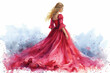 © Maksim - Beautiful blonde girl with long hair in vintage red dress. Watercolor illustration on white background for card or poster