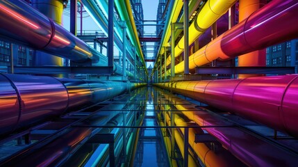 Fototapete - A series of colorful pipes are reflected in a body of water