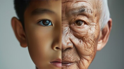 Wall Mural - The face is divided into two halves - half of an Asian boy and half of an old Asian man. Distinguishing childhood and old age, aging, maturation, longevity, lifespan, aging, gerontology.