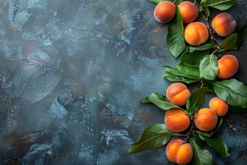 Fresh apricots with leaves on dark background. Top view with copy space