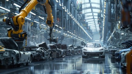 Aufkleber - A futuristic car factory with a car on the assembly line