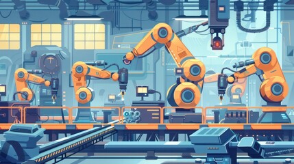 Aufkleber - A factory with robots working on a conveyor belt