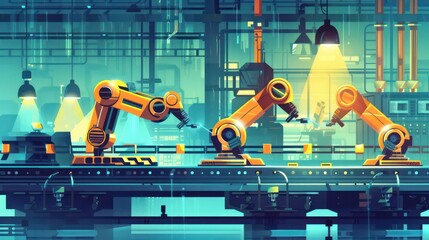 Aufkleber - A robot factory with two robots working on a conveyor belt