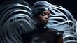 © Gomez - Fashion Surreal Concept. Closeup portrait of black woman in avant garde ethereal futuristic swirl edgy headgear outfit. illuminated dynamic composition. sensual, advertisement