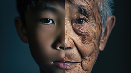 Wall Mural - The face is divided into two halves - half of an Asian boy and half of an old Asian man. Distinguishing childhood and old age, aging, maturation, longevity, lifespan, aging, gerontology.