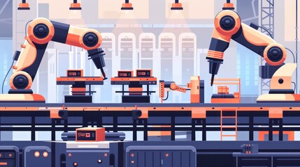 Aufkleber - A factory scene with two robots working on a conveyor belt