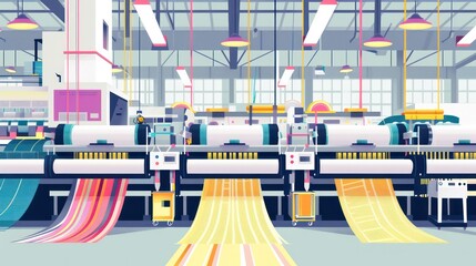 Aufkleber - A factory with a conveyor belt that has three different colored rolls of fabric