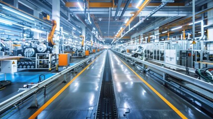 Aufkleber - A factory with a long, empty assembly line