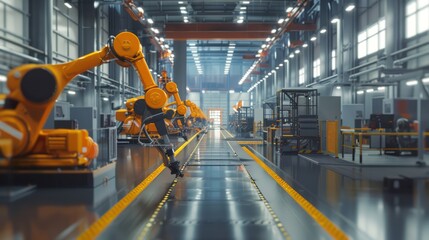 Aufkleber - A factory with robots working on a conveyor belt