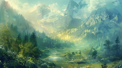 A serene image of a misty morning in the mountains at sunrise, showcasing the beauty of nature with snowy peaks, green forests, and a peaceful valley below